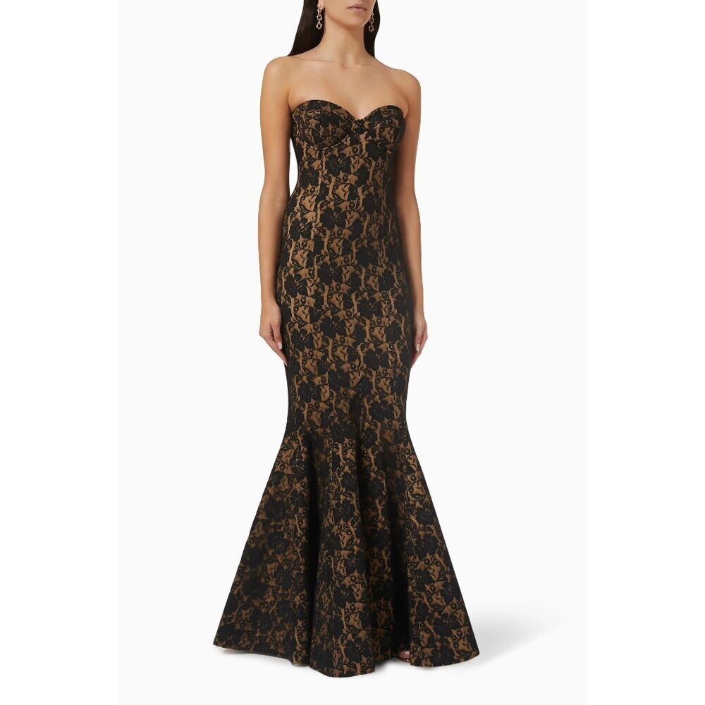 Norma Kamali Corset Lace Mermaid Gown Long Black Peony Nude Womens Size S 36